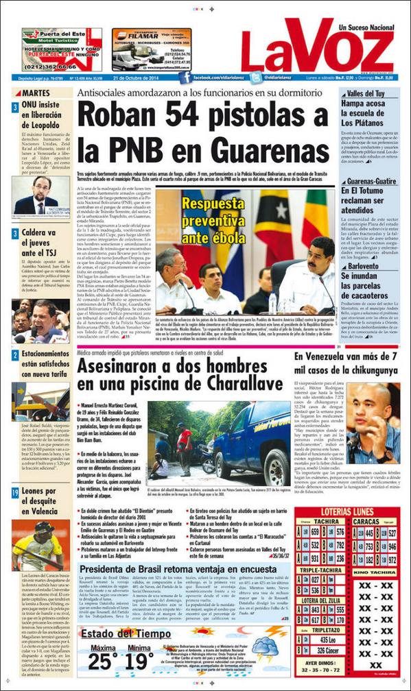M_1974's tweet photo. Plan Desarme" avanza: "Roban 54 pistolas a la PNB en Guarenas" ¡4TO ROBO DE ARMAS  A LA PNB ESTE AÑO! Diario La Voz http://t.co/MA4NVJAbrI""