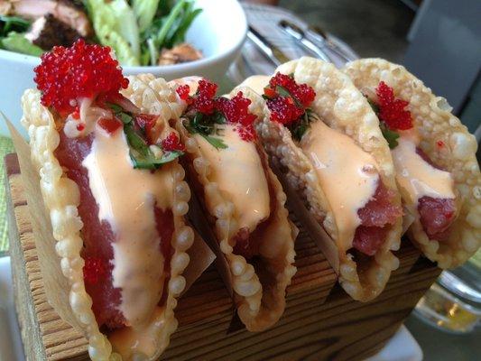BistroJoes's tweet photo. Light lunchin'.

With our signature Tacushi, fresh ahi tuna,cilantro &amp; a light spicy sauce in a wonton taco shell http://t.co/qRhG8MzdiE