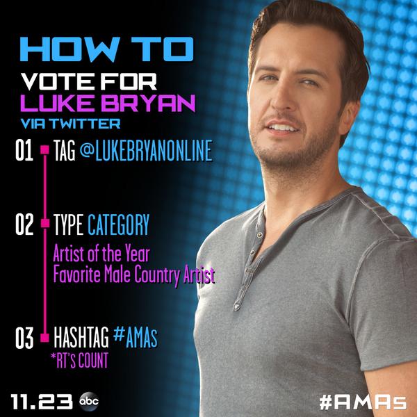 lukebryan's tweet photo. RT to vote for me: @LukeBryanOnline for #AMAs Artist of the Year, vote again online: http://t.co/ai46x3jIac http://t.co/af72w89P3D
