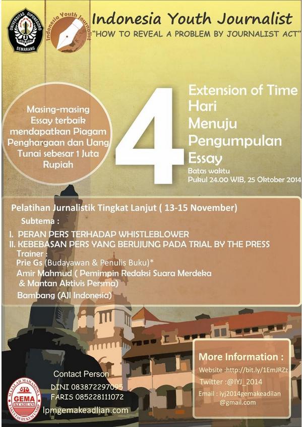 IYJ_2014's tweet photo. @Cahunsoeddotcom Malem min,Kabar gembira! Penerimaan berkas essay seleksi PJTL sesi ke 2 telah dibuka:) #jurnalismuda http://t.co/loMcYeWOml