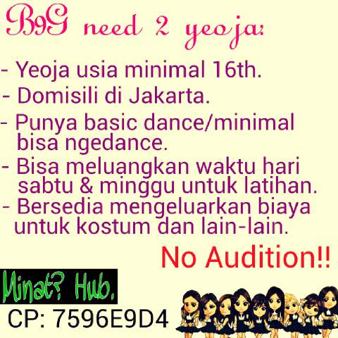 [Help RT] @VIPink_DC we are B9G cover snsd  need  2 member yoeja more info hub 089676415158 / 7596E9D4.gomawo^^