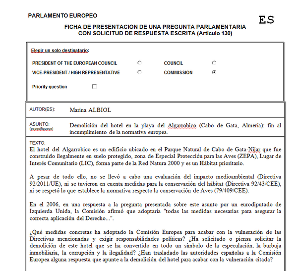 MarinaAlbiol's tweet photo. Acabo de pedir a la Comisión Europea que se involucre en la demolición del hotel ilegal de "El Algarrobico" http://t.co/ZgISMCZK6x