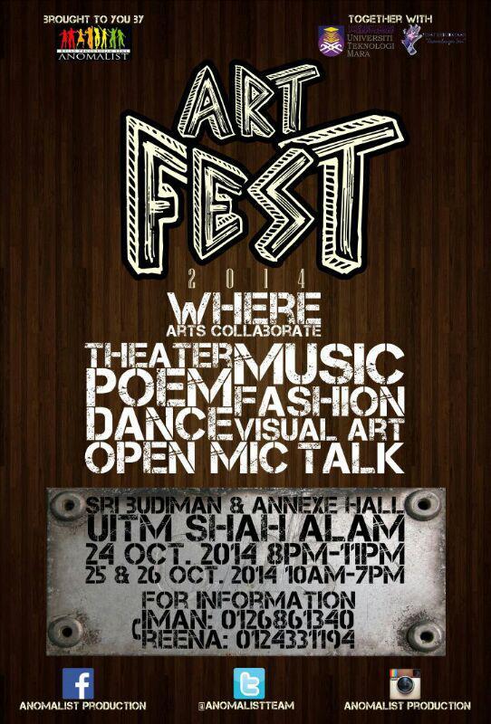 TwtMuet's tweet photo. #ShortAds 24, 25 and 26 October present Art Fest. Organized by @AnomalistTeam at UITM Shah Alam. #ArtFest 😃😊 http://t.co/KPK42LCRFc