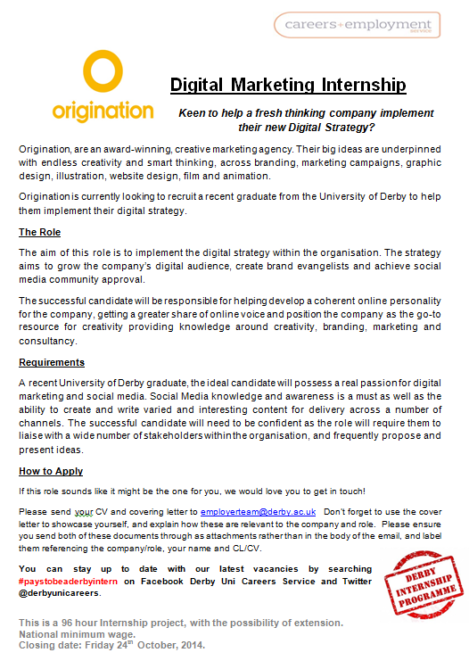 derbyunicareers's tweet photo. Grads! @Origination_net need help with their digital marketing! @DerbyUniAlumni @DerbyUniBsns @derbyunistudent http://t.co/hqArr1hGuG