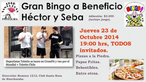 bingo a beneficio de <a href="/NunezSeba/">Seba Nuñez A</a> y <a href="/PistolaCrossfit/">Pistola Arriagada</a> TODOS A AYUDAR... VAMOS X EL ULTIMO ESFUERZO!