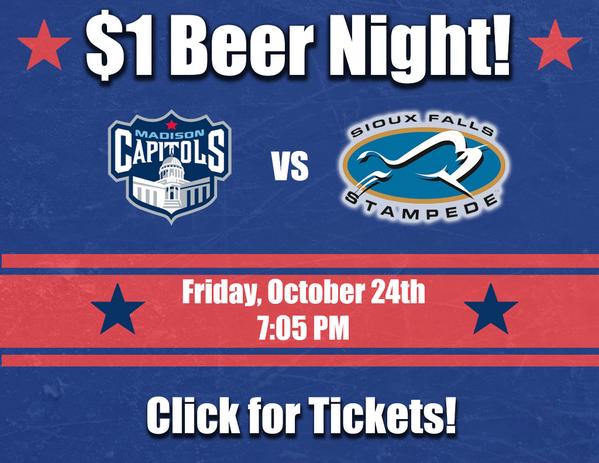 MadCapsHockey's tweet photo. Did you enjoy the $1 BEER NIGHT this preseason? Imagine the fun it'll be in the @AlliantECenter! This Friday, 7 pm! http://t.co/H4NMGGID31