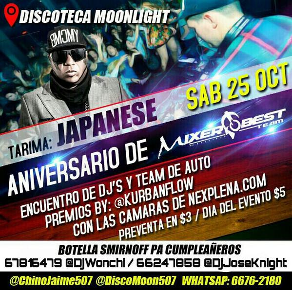 josabethSanjur's tweet photo. Sabado 25 De Oct. Disc.MoonLight ANIVERSARIO DE @MixerBestTeam Encuentro De Djs &amp; En Tarima @JapanesePTY http://t.co/SKmSLVZiaj