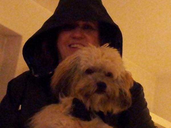 Fruen på regnvejrstur med Sibo