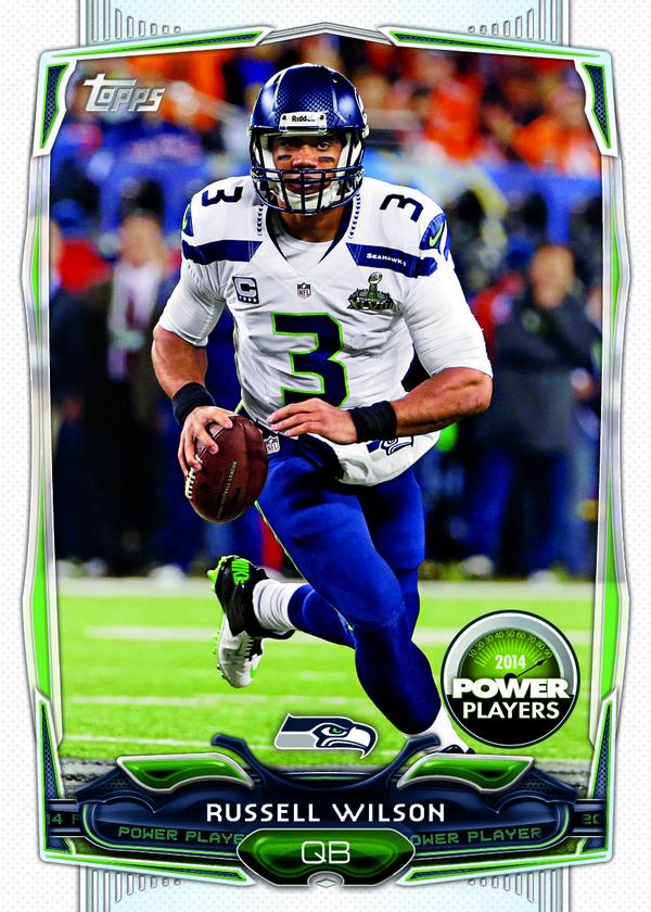 Topps's tweet photo. The week 7 #NFL Veteran #ToppsPowerPlayer is @Seahawks @DangeRussWilson 300+ yards passing 100+ yards running #CRAZY http://t.co/5mOSHjVByI