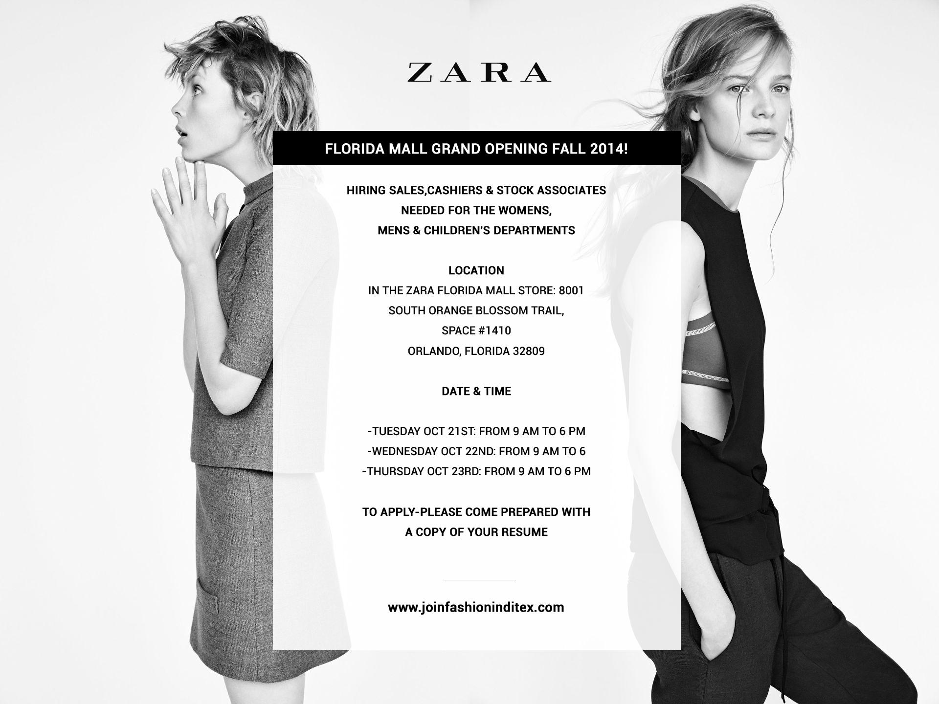 Inditex Careers on Twitter: "#Zara invites you to a #hiring open house for  our #Florida mall store (#Orlando)! #JoinFashion #USA #jobs  http://t.co/XJGQFKre5k" / Twitter