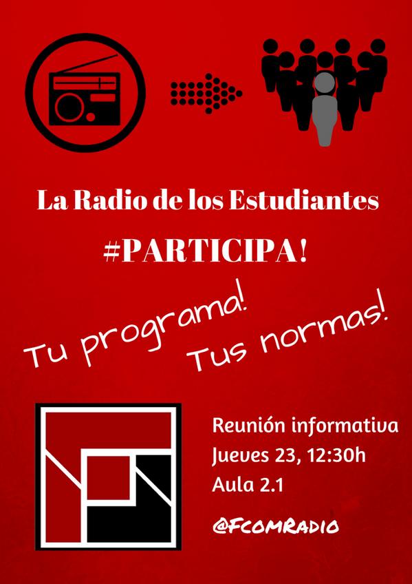 fcomradio's tweet photo. Fcomitas, #FComRadio está de vuelta! #Participa en tu radio, la radio de los estudiantes. cc @Gabifcom, @MAEFCOM. http://t.co/qlo4e7nam5