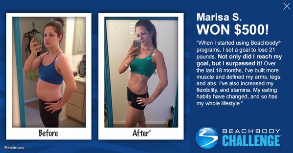 Beachbody's tweet photo. Marisa set a goal for herself and #PushedPlay. Not only did she reach her goal, she beat it! http://t.co/o3EqY1Asv3 http://t.co/c8U4FgZCAS
