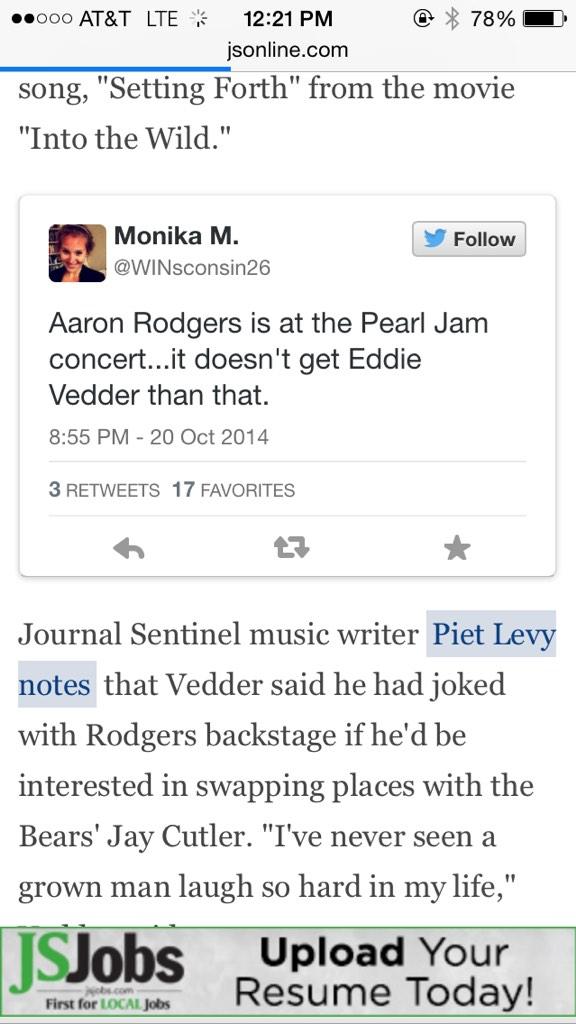 WINsconsin02631's tweet photo. So my tweet from the Pearl Jam concert last night made it into the Journal Sentinel! #PJMKE http://t.co/0h869xafdt