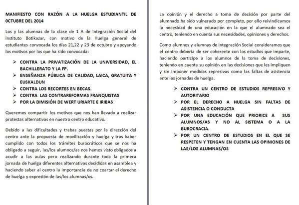 BotikazarOnfire's tweet photo. Manifiesto de los/as alumnos/as de 1A ante la primera jornada de huelga @SindicaEstudian @SoyPublica http://t.co/FFvdB2CLwf