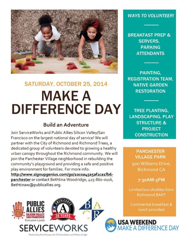 ServiceWorksSF's tweet image. 4 days left for @MakeADiffDay. Join us &amp;amp; the City of Richmond rebuild imagination #PlaygroundsRock