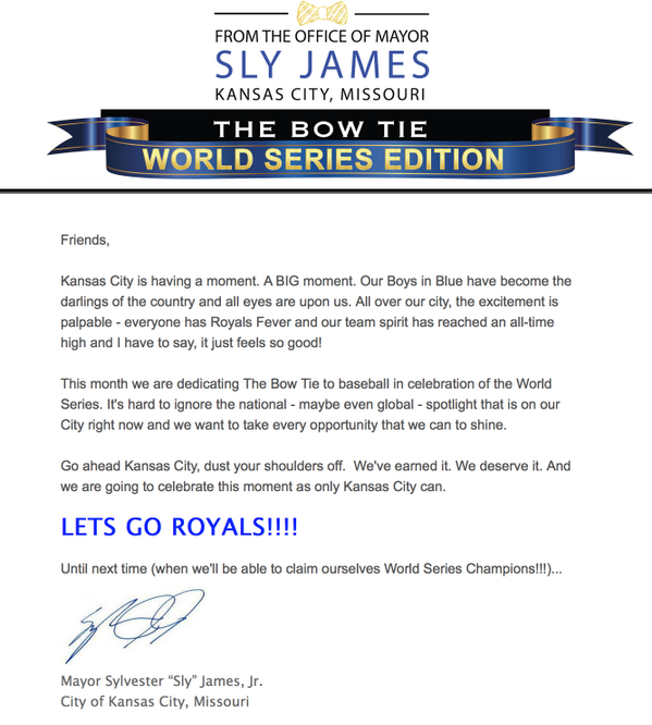 bobspecht's tweet photo. "Go ahead Kansas City, dust your shoulders off" - @MayorSlyJames

"@luminopolis: Go @Royals http://t.co/bFMuhL54G8"