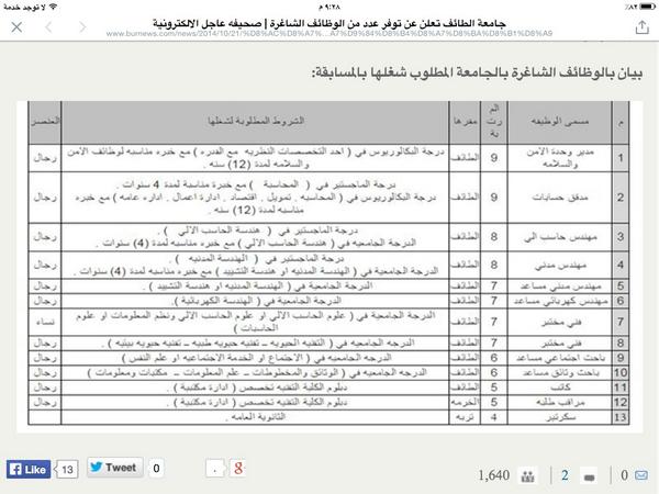 اخر وظايف جامعة الطايف 
أنا مالفت انتباهي الا هالتخصصين الاول- مدير أمن / بكالوريس في اي تخصص نظري وخبره 12 سنه