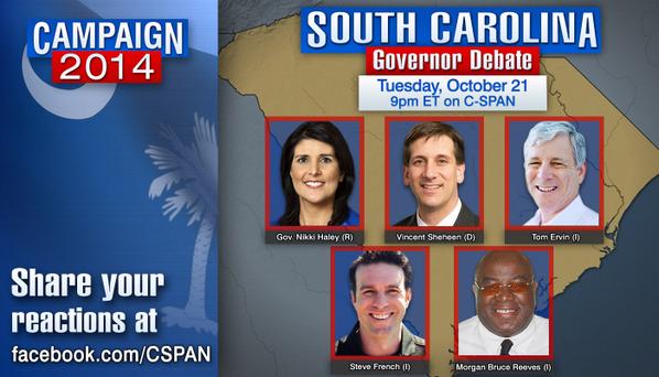 cspan's tweet photo. #SCGov Debate: @nikkihaley, @vincentsheheen, @trustintom &amp; others – 9pm ET on C-SPAN http://t.co/OSAnEGDMhF http://t.co/hJw5HTFdtQ