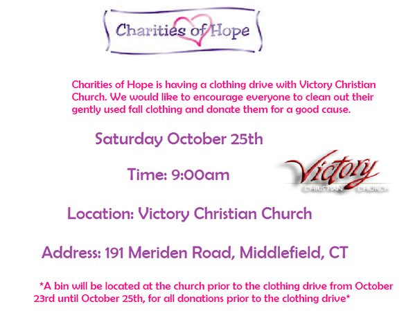 Clothing Drive at Victory Christian Church, 191 Meriden Rd, Middlefield CT, Oct 25th AT 9:00 am!