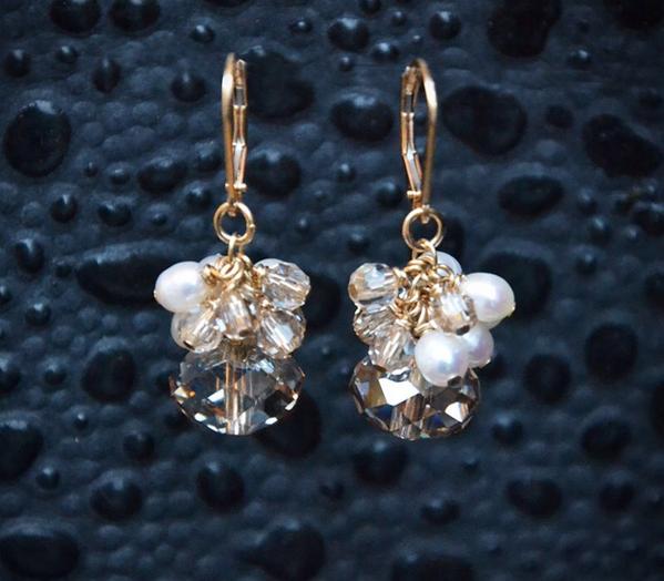 #SmittenDesigns #champagne #Swarovski crystal earrings w/ gold fill &amp; #freshwaterpearls <a href="/Lordsshoes/">Lord's Shoes</a> #SouthGranville