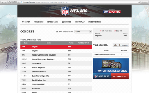 amyskemil's tweet photo. WOW I'm 1st place @Lions fan in @nfl_uk fantasy football! Can't wait for the game Sun #LionsInLondon #DETvsATL #NFLUK http://t.co/sFeO114eMg