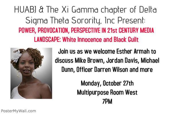 alexmpinedatv's tweet photo. Join @HofstraUABJ and @XiGammaDST  Monday night for a talk with Esther Armah! http://t.co/aTjtmj2GC3