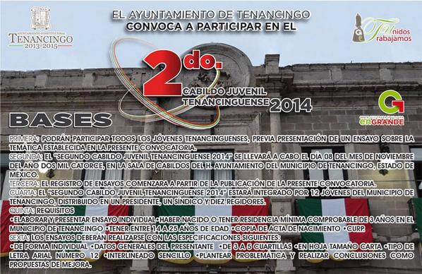 Munc_Tenancingo's tweet photo. BASES DEL SEGUNDO CABILDO JUVENIL TENANCINGUENSE.
APROVECHA ESTE ESPACIO PARA PROPONER Y CONSTRUIR UN MUNICIPIO MEJOR http://t.co/fjnrnw8VuK