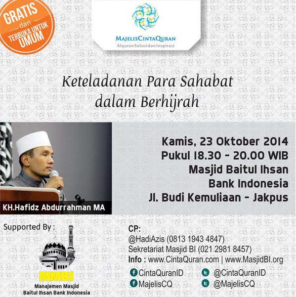 batikbolaGS's tweet photo. In syaa Allah RT @felixsiauw: hadiri @MajelisCQ w/ guru saya, ustadz @Hafidz_AR1924 di Masjid BI-JKT | Kamis, 23/10 http://t.co/SUdDjZugP7"
