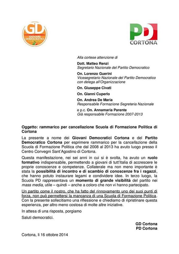 Lettera dei @GDCortona e del #PDcortona riguardo la scuola di formazione politica del #PD