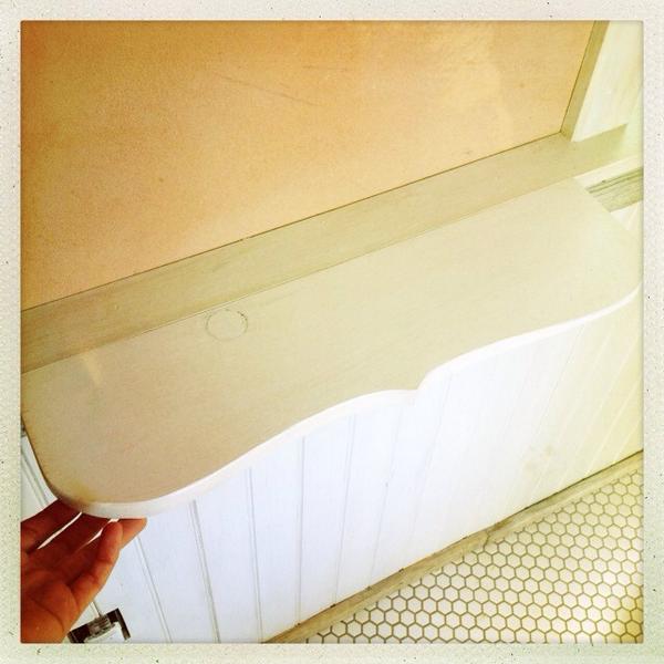 ourfirsttiny's tweet image. A tiny handcrafted, hinged shelf for the bathroom vanity #tinyhouse #DIY #interiordesign #woodworking