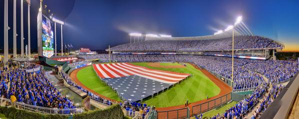 Royals's tweet photo. A panorama from tonight's anthem.  Red, white and a sea of blue. http://t.co/fGEVuw9NM6