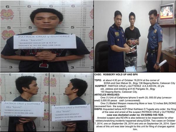 SS1 PERS LED BY PCI MEDINA JR ARRESTED # 1 SUSPECT IN SERIES OF ROBBERY HOLD UP INCIDENT ALONG EDSA BAGONG BARRIO, CC