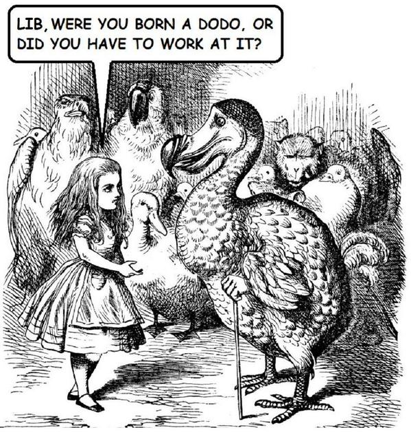 solunarium's tweet image. &quot;Lib, were you born a Dodo, or did you have to work at it?&quot;
#AliceInWonderland #CaucusSystem #Satire