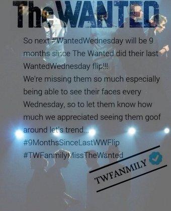 Don't forget this is happening today!

#WantedWeek 
#4YearsOfTheWantedAlbum
#9MonthsSinceLastWWFlip
#WantedWednesday!