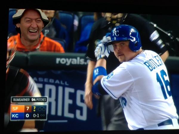 ShooterMcGavin's tweet photo. No wonder the Royals are struggling so badly tonight. Look who's sitting front row http://t.co/bU4u1L3ywF