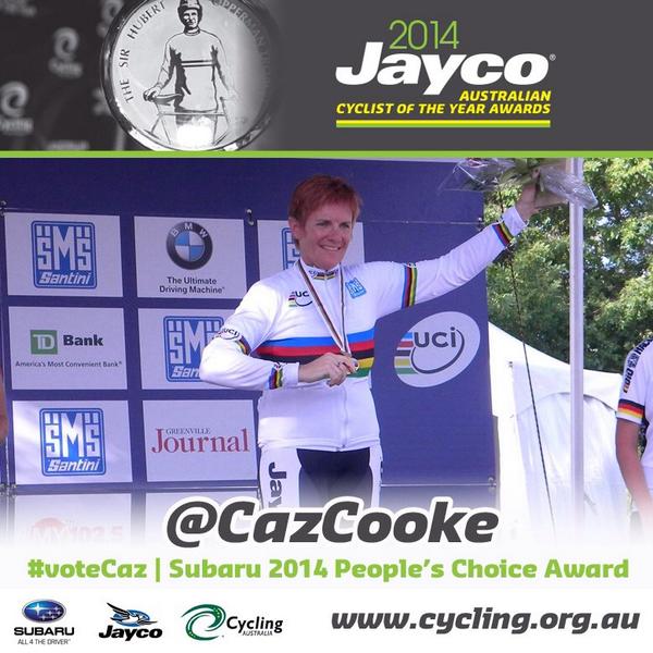 AusCycling's tweet photo. #VoteCaz for 2014 Subaru People’s Choice Australian Cyclist of the Year #aussiecycling #oppy http://t.co/rf1Rss8Mt4 http://t.co/KimmsEnUp7