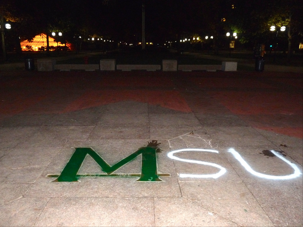 DavidHarns's tweet photo. So, this happened last night. MT @ByAZuniga: Someone vandalized the block M on campus. Story: http://t.co/QYhRPez5FN http://t.co/f3yDeuZ5Z5