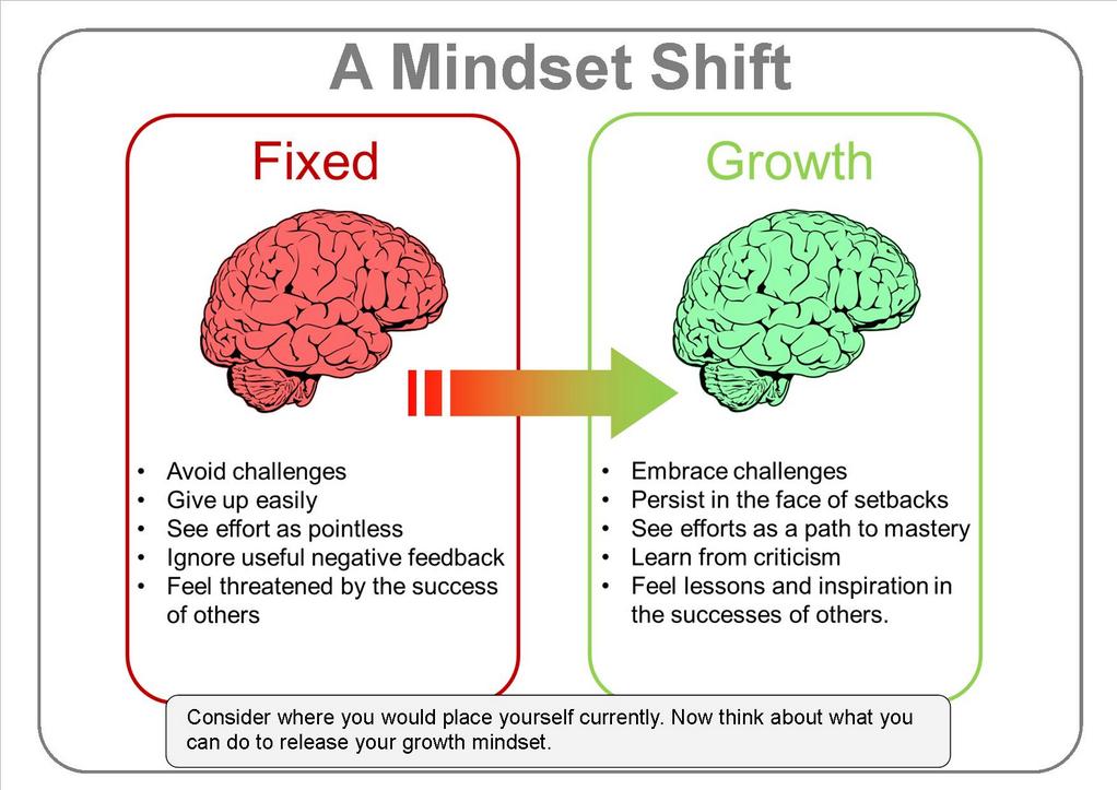 A Mind Shift Fixed Red Brain : Avoids Challenges, Gives up easily: Growth Green Brain: Embrace Challenges