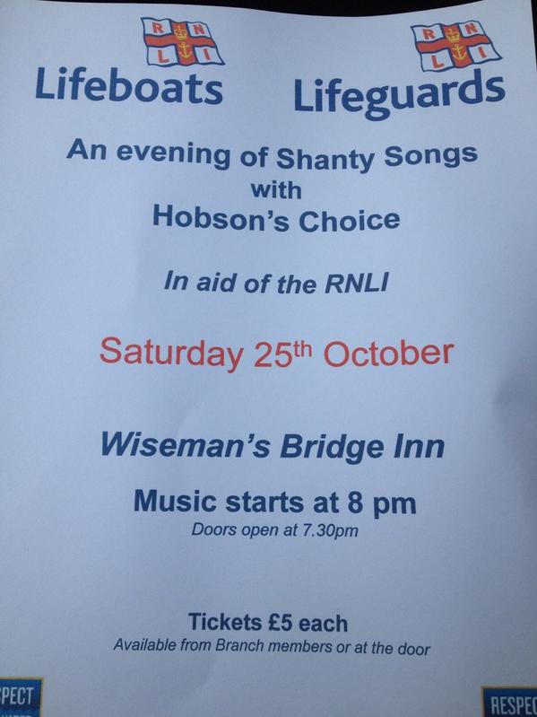RNLISaundersft's tweet photo. Hobson's Choice will be at Wiseman's Bridge Inn Saturday 25th. Tickets only £5-all goes to #RNLI http://t.co/cjmHpzrXz3