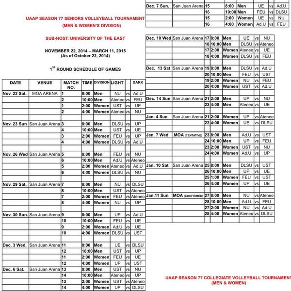 teamUST's tweet photo. UAAP77 volleyball tournament begins on Nov. 22 @ MOA Arena! Here's the 1st round schedule: (c)@MrPureBusiness #GoUSTe http://t.co/qIKi2dAYSJ