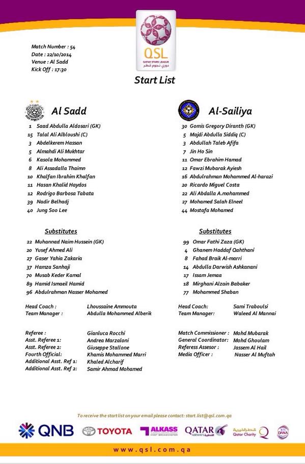 QSL's tweet photo. Start list #Alsadd x #AlSailiyah http://t.co/L2eFXzisdZ