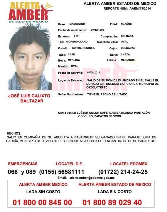 elizamarmar's tweet photo. @SergioyLupita #AlertaAmber #Buscamos JOSE LUIS CALIXTO BALTAZAR 15años #Desap 7/8/14 #Edomex ¿Lo has visto? RT http://t.co/IgQ1GG5M9r