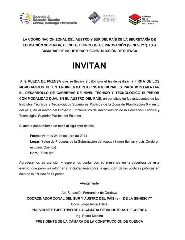 Invitación a la Rueda de Prensa de la firma de Memorandos de Entendimiento con <a href="/EduSuperiorEc/">Viceministerio de Educación Superior</a> 24/Oct <a href="/johnnygj333/">Johnny Guambaña J.</a>