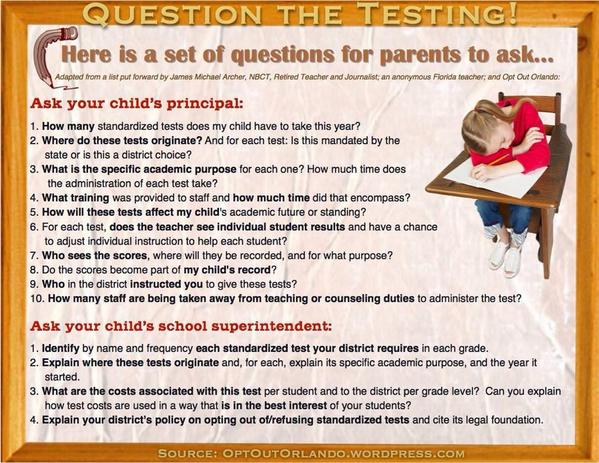 RefuseCCNJ's tweet photo. Question the #Testing! Here's a list of questions to ask - #SayNoToCommonCore http://t.co/mXXVC6wYXY