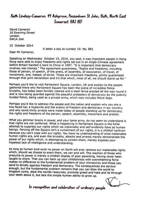 Chelz65's tweet image. Letter to Cameron - The Author of this letter is @KeithCameron5 #occupydemocracy @OccupyLondon @OccupyNN