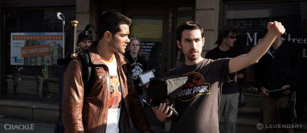 Legendary's tweet photo. Behind-the-scenes shot of @jessemetcalfe &amp; director @zachlipovsky on set during filming @WatchDeadRising. @Crackle http://t.co/y10TnxkPeB