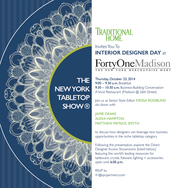 traditionalhome's tweet photo. U can STILL register 4 #InteriorDesignerDay at @FortyOneMadison w/ @Jamiedrake @alexahamptoninc + @MatthewSmythID! http://t.co/LVdQpRB8yg