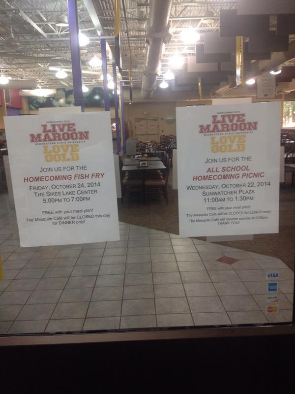 samcroft94's tweet photo. Mesquite Cafeteria closed today, free food in Sunwatcher Plaza 11am-1.30pm
@WichitanOnline @MidwesternState http://t.co/80nHKWYfTn