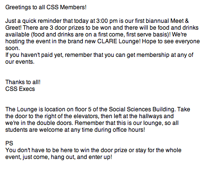 UofC_CSS's tweet photo. Remember tonight is our Meet&amp;Greet! Details attached! 
@FASA_UCalgary @SUUofC http://t.co/nCAzXnJsS7