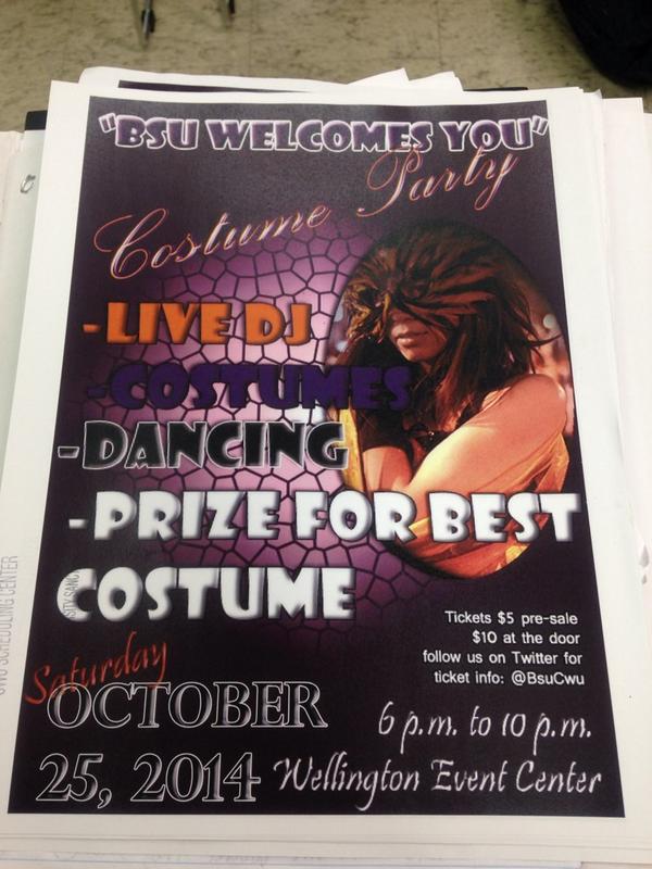 BsuCwu's tweet photo. BSU is having a party THIS SATURDAY! Costume party with a live DJ and a prize for the best costume! #BSU #CWU #party http://t.co/71Agaujmh3